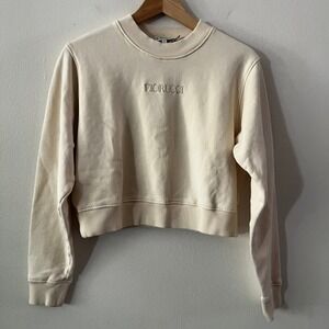 Fiorucci Cotton Cropped Crew Neck Sweatshirt Embroidered Logo Cream size medium